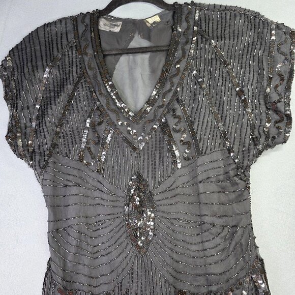 Vintage Pantagis Dress Womens Medium Black Silk Sequin Beaded Art Deco 80s Glam - Picture 6 of 14